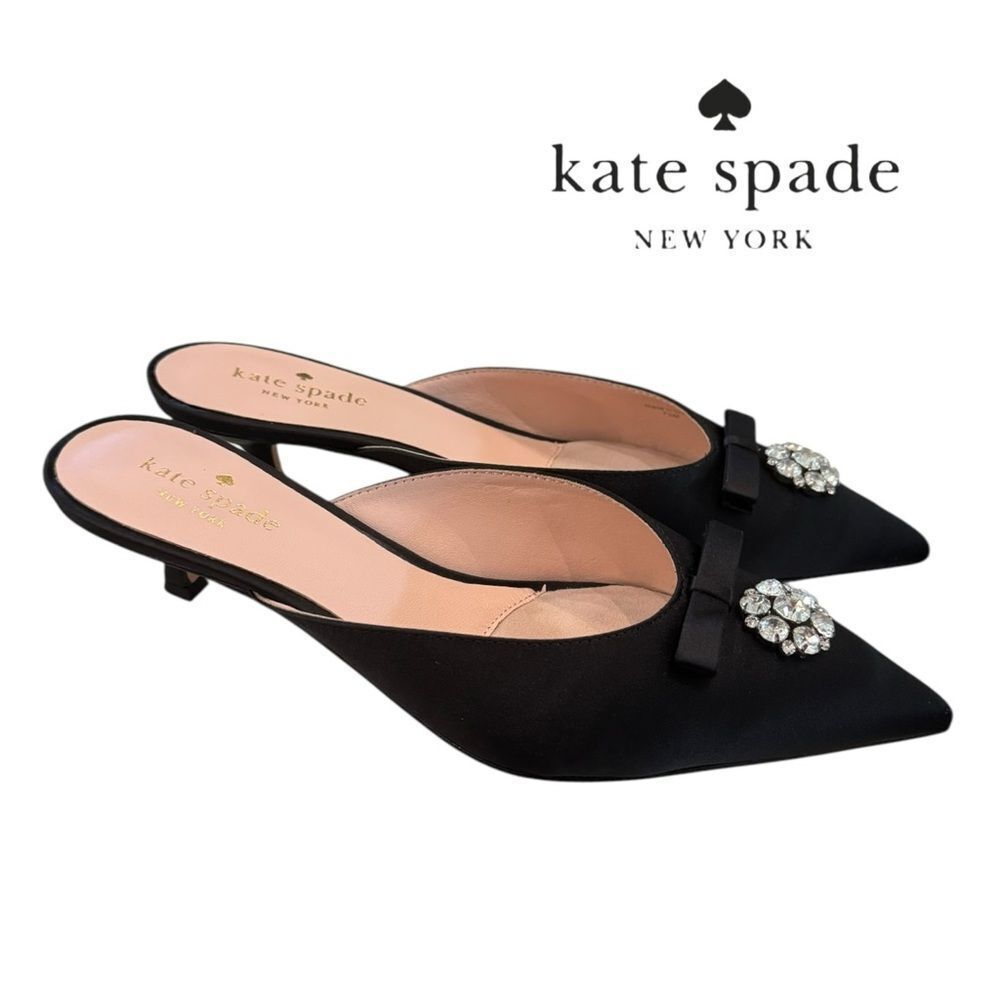 Kate Spade Women's Darlene Black Satin Jewelled Bow Kitten Heel Slide Mules 7.5 - Picture 2 of 8